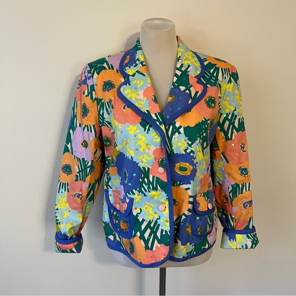 redd jeans Jackets & Blazers - Redd Jeans Floral Sequin Blazer Periwinkle Trim Funky Statement Jacket